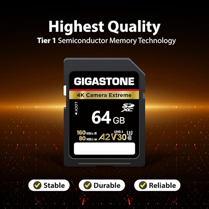 【5-Years Data Recovery】 GIGASTONE 64GB SD Card, 4K Camera Extreme, A2 V30 U3 SDXC Memory Card High Speed UHD Video Compatible with Canon Digital Camera, with 1 Mini case