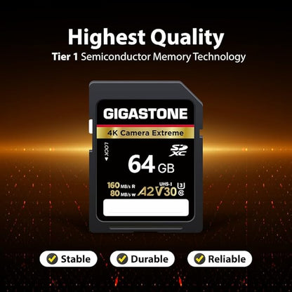 【5-Years Data Recovery】 GIGASTONE 64GB SD Card, 4K Camera Extreme, A2 V30 U3 SDXC Memory Card High Speed UHD Video Compatible with Canon Digital Camera, with 1 Mini case