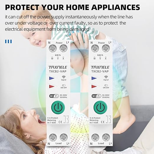 TUYA WiFi Smart Circuit Breaker Power Metering Energy Meter KWh 1P 230V 63A Voltmeter Ammeter Energy Meter DIN Rail Smart Life Wireless Remote Control Switch Timer Voice Control (1-63A Adjustable)