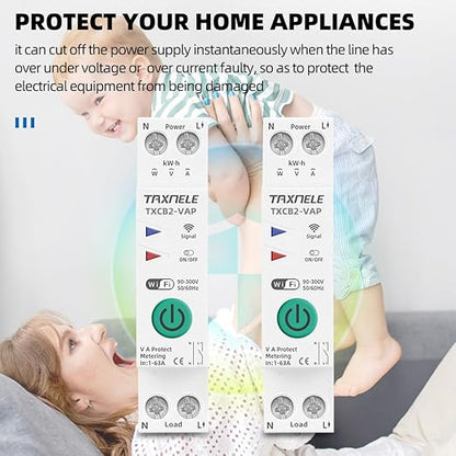 TUYA WiFi Smart Circuit Breaker Power Metering Energy Meter KWh 1P 230V 63A Voltmeter Ammeter Energy Meter DIN Rail Smart Life Wireless Remote Control Switch Timer Voice Control (1-63A Adjustable)