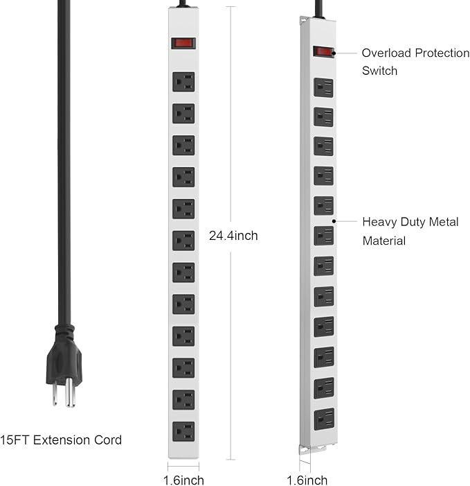 JUNNUJ Metal 12 Outlet Power Strip, Mountable Heavy Duty Power Strip, 1200J Surge Protector Wall Mount Screws Outlet with Switch, Gaming Desk Strips Wide Spaced 15A 125V 1875W, 15 FT 14AWG Power Cord