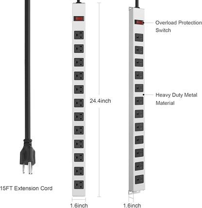 JUNNUJ Metal 12 Outlet Power Strip, Mountable Heavy Duty Power Strip, 1200J Surge Protector Wall Mount Screws Outlet with Switch, Gaming Desk Strips Wide Spaced 15A 125V 1875W, 15 FT 14AWG Power Cord
