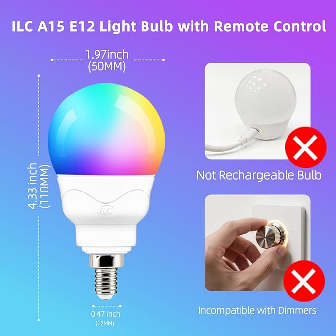 ILC E12 LED Light Bulbs (40w Equivalent) 5W, Color Changing RGB, 5700K Daylight White, Small Base Candelabra Round Light Bulb, A15 Candle Base, 12 Colors 2 Modes Timing with Remote Control (4 Pack)