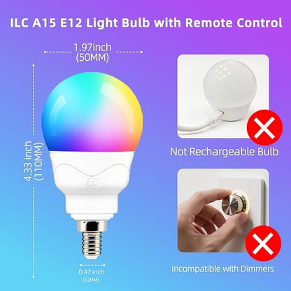 ILC E12 LED Light Bulbs (40w Equivalent) 5W, Color Changing RGB, 5700K Daylight White, Small Base Candelabra Round Light Bulb, A15 Candle Base, 12 Colors 2 Modes Timing with Remote Control (4 Pack)