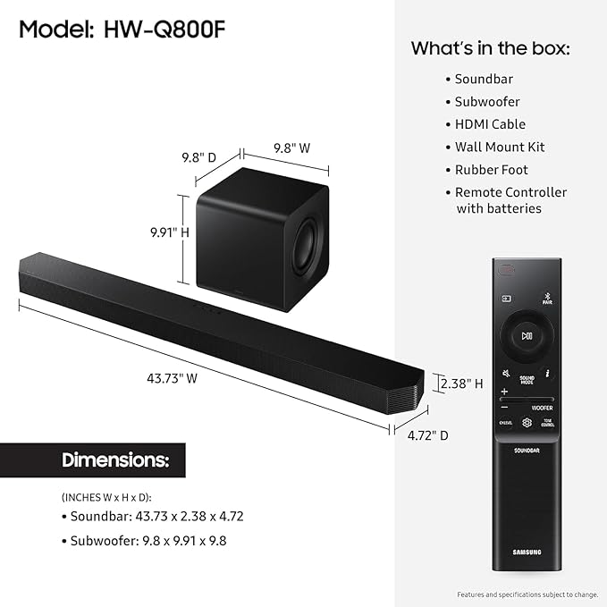 Samsung Q-Series Soundbar HW-Q800F 5.1.2ch with Subwoofer, Dolby Atmos DTS:X Wireless Surround System, Premium Home Theater Sound Bar for TV, Movies, Gaming & Music