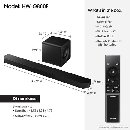 Samsung Q-Series Soundbar HW-Q800F 5.1.2ch with Subwoofer, Dolby Atmos DTS:X Wireless Surround System, Premium Home Theater Sound Bar for TV, Movies, Gaming & Music