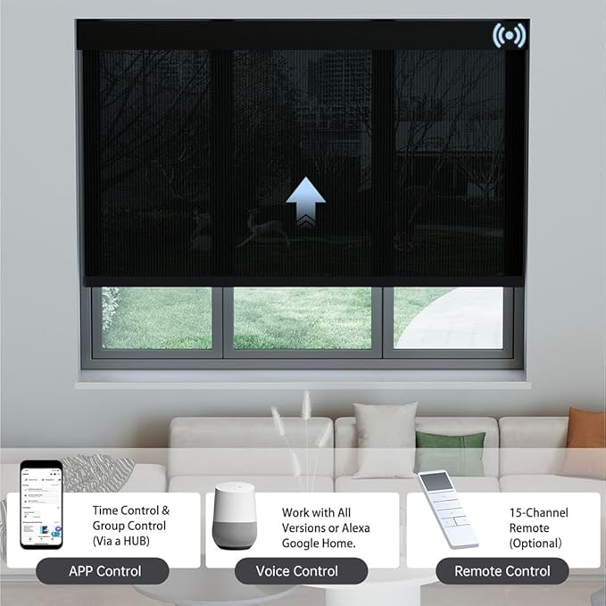 Motorized Solar Shades, Light Filtering Smart Blinds for Windows Automatic Blinds Compatible with Alexa, Falme Resistant Roller Shades Customized for Office Living Room (5% Openness Black)