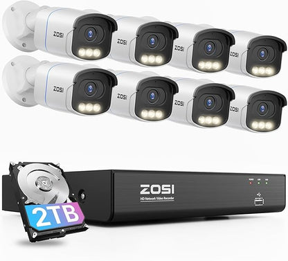 ZOSI 4K PoE Security Camera System,True Full Color Night Vision,Person Vehicle Detection,2 Way Audio,8pcs 4K C186 Aurora Lux Outdoor Indoor Wired Cameras,8MP 8CH NVR with 2TB HDD for 24/7 Recording