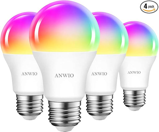 ANWIO Smart Light Bulbs 8.5W (60W Replacement) A19 E26 LED Bulb Work with Alexa, Google Assistant, Smart Life App, Tuya App, Color Changing Light Bulb,806LM,2.4Ghz only，No Hub Required（4-Pack）