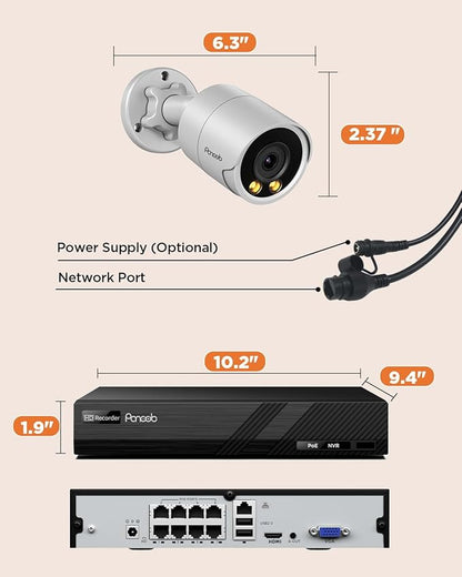 Security Camera System PoE, 4X 4MP Wired Bullet IP Cameras Outdoor Built-in Microphone, AI Human Vehicle Detection, 5MP 8CH NVR (NO HDD), Smart Color Night Vision, PB38F0408-4MD-N