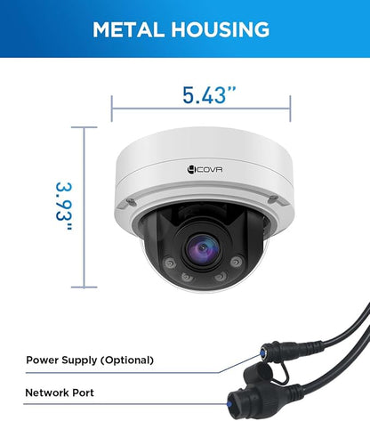 4COVR 4K 8MP PoE Security Vandal Dome IP Wired Camera with Mic, 2.7-13.5mm Varifocal Lens 5X Optical Zoom UltraHD, IK10 Vandal-Proof 130ft IR Night Vision IP67, AI Human Vehicle Detection, LY57BA8MA