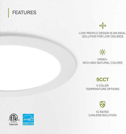 ASD 6 Pack LED Recessed Lighting 6 Inch 15W, 5 CCT 2700K-5000K CRI90+, IC Rated Ultra Thin Dimmable Ceiling Lights with J Box, Canless Wafer Downlight, Round Slim Panel Light, Energy Star ETL, White