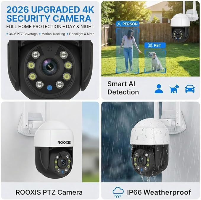 Wireless Outdoor Security Camera, 2026 Upgraded 4K WiFi Floodlight Camera with Siren, Color Night Vision, 360° PTZ, Motion Tracking & Patrol, 2-Way Audio, Alexa Compatible