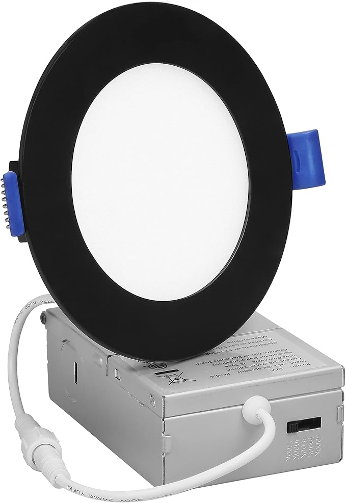 Maxxima 4 in. 5CCT Ultra Thin Recessed LED Downlight - Color Temperature Selectable 2700K/3000K/3500K/4000K/5000K, 700 Lumens, Dimmable Light Fixture with Black Trim, Canless with J-Box Included