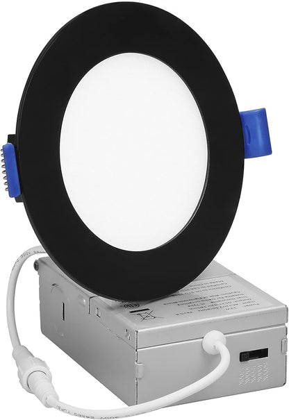 Maxxima 4 in. 5CCT Ultra Thin Recessed LED Downlight - Color Temperature Selectable 2700K/3000K/3500K/4000K/5000K, 700 Lumens, Dimmable Light Fixture with Black Trim, Canless with J-Box Included