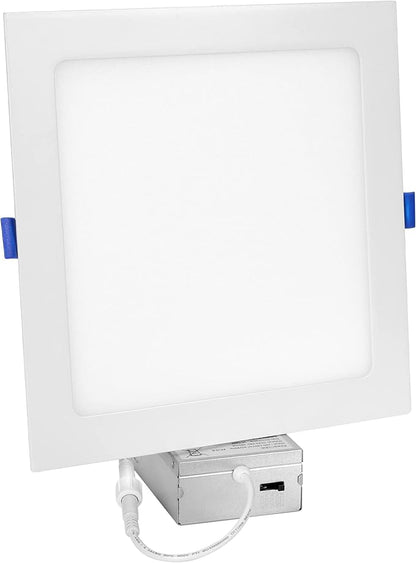 Maxxima 8 in. 5CCT Square Recessed LED Downlight, 1600 Lumens Slim Flat Panel Color Selectable 2700K/3000K/3500K/4000K/5000K, Dimmable, Canless IC Rated, White Trim, J-Box Included