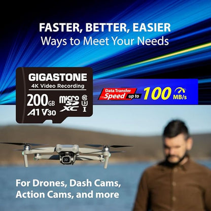 GIGASTONE 200GB Micro SD Card, A1 V30 4K Video Recording, Compatible with Security Camera, Dash Cam, Drone, 100MB/s MicroSDXC Memory Card UHS-I, with Adapter