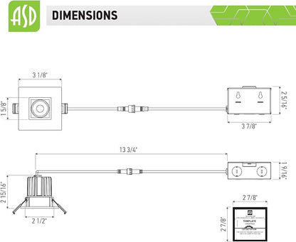 ASD 2 Inch LED Recessed Lighting with Junction Box, 8W 600 Lumens, Dimmable Anti-Glare Downlight, 2700K/3000K/3500K/4000K/5000K Selectable, CRI 90+, Square White Trim, IC Rated, ETL, Energy Star