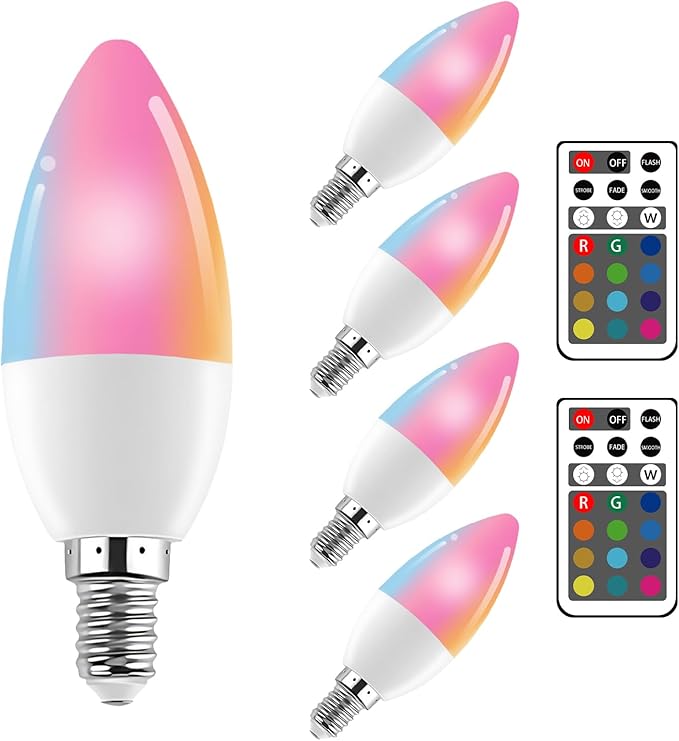 XRise E12 LED Bulb 3W Color Changing Candle Light (RGB + White) 12 Colors, 6000K, Remote Control Included (2 Remote) Decorative Candle Lamp for Stage Home Decor,5 Pack