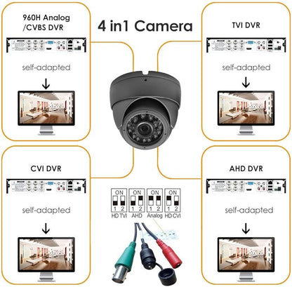 Analog CCTV Camera HD 1080P 4-in-1 (TVI/AHD/CVI/960H Analog) Security Dome Camera Outdoor Metal Housing, 24 IR-LEDs True Day & Night Monitoring 3.6mm Lens (Grey)
