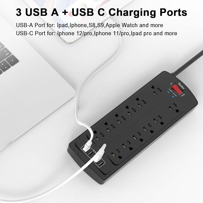 Yintar 6Ft Surge Protector Power Strip with 12 Outlets and 4 USB Ports | 10 Feet Flat Plug Extension Cord with Multiple Outlets for Home, Office, Dorm Essentials, 2700 Joules, ETL, Black