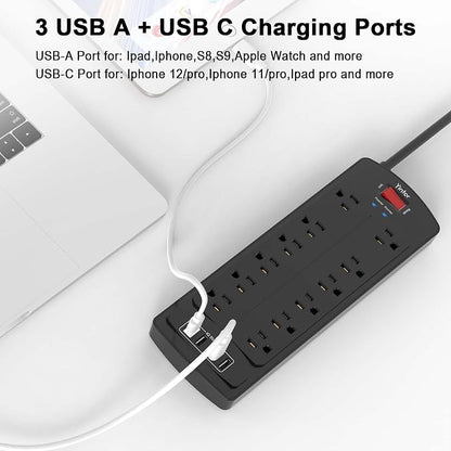 Yintar 6Ft Surge Protector Power Strip with 12 Outlets and 4 USB Ports | 10 Feet Flat Plug Extension Cord with Multiple Outlets for Home, Office, Dorm Essentials, 2700 Joules, ETL, Black