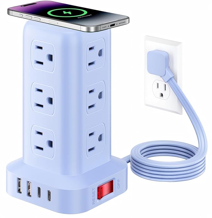 Extension Cord with Multiple Outlets, SMALLRT Outlet Extender with 12 AC Outlets 4 USB, 6.5FT Power Strip Tower for Home Office Supplies, Blue