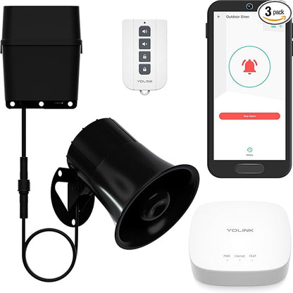 Outdoor Alarm Controller 2 and SirenFob Kit, Battery-Powered Siren/Alarm/Relay Controller, 12VDC Out, Up to 1/4 Mile Open-Air Range, 110dB Siren Included, YoLink Hub Included