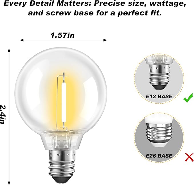 15-Pack G40 LED Replacement Light Bulbs Shatterproof Waterproof 0.6W E12 Base 2700K Warm White Globe Bulbs for Outdoor String Lights Patio Garden