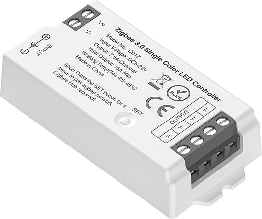 BTF-LIGHTING Tuya Zigbee 3.0 C01Z LED Controller Support Single Color 2 pin (-V +V) PWM FCOB COB SMD Light Strip Compatible with Echo Plus/4th Gen Tuya Gateway DC5V/DC12V/DC24V Max 15A