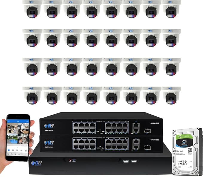 GW Security 32 Channel 8MP Fulltime Color Night Vision 4K NVR Security Camera System with 32 UltraHD 4K Two-Way Audio Outdoor/Indoor Smart AI Face Recognition Human Vehicle Detection PoE Dome Cameras