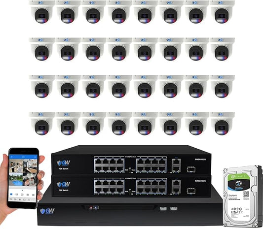 GW Security 32 Channel 8MP Fulltime Color Night Vision 4K NVR Security Camera System with 32 UltraHD 4K Two-Way Audio Outdoor/Indoor Smart AI Face Recognition Human Vehicle Detection PoE Dome Cameras