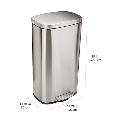 Amazon Basics MEDIUM Trash Can, 7.9 Gallon (30L), Smudge Resistant Rectangular Bin with Soft-Close Lid, Step Foot Pedal, Removable Inner Bucket, Brushed Stainless Steel, Satin Nickel Finish
