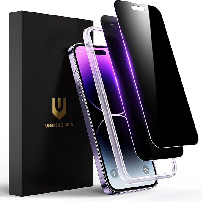 UNBREAKcable Privacy Screen Protector for iPhone 14 Pro Max, Shatterproof Tempered Glass [True 28°Anti Spy] [9H Hardness] [Easy Installation Frame] Black Protector for iPhone 14 Pro Max 6.7" -2 Pack