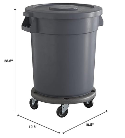20 Gallon Gray Round Commercial Trash Can with Lid and Dolly, Heavy-Duty Food Grade NSF Certified, Perfect for Restaurant, Office, School, Garage, Backyard, Workshop, Warehouse