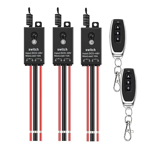 3 Way 12v Mini Remote Control Switch,Wireless Lights Switch Kit,DC 12V/24V/48V/10A Relay with 328FT Long Range,Wireless RF Switch for Car,Lamps,LED Lights,Fans(2 Remote Controls,3 Receivers)