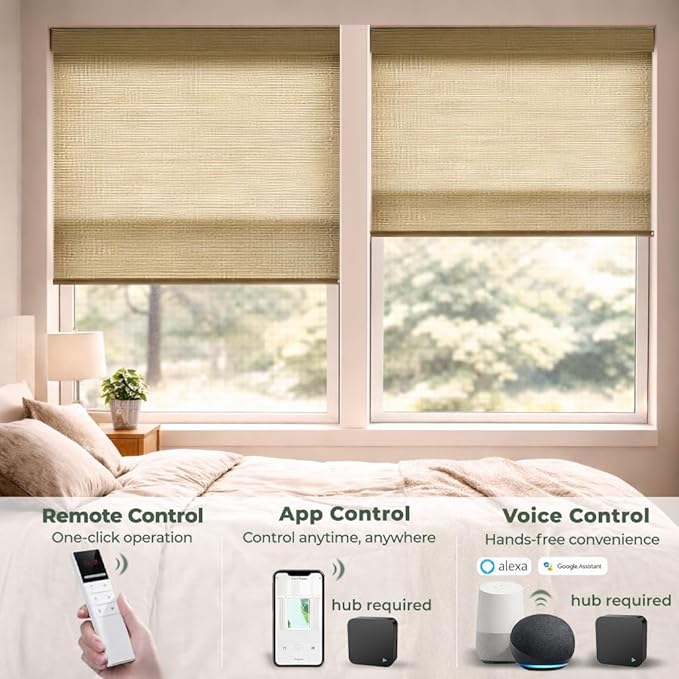 ZSHINE Motorized Linen-Look Roller Shades for Windows, Rechargeable Smart Light Filtering Blinds Compatible with Alexa (82189B)