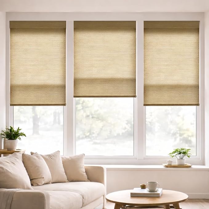 ZSHINE Motorized Linen-Look Roller Shades for Windows, Rechargeable Smart Light Filtering Blinds Compatible with Alexa (82189B)