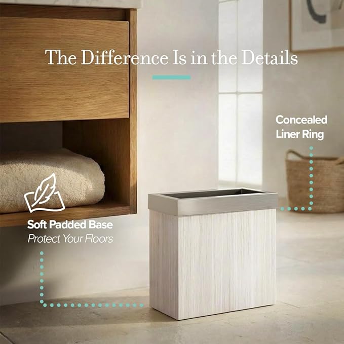Gatco Small Bathroom Trash Can with Lid, Rectangle 3 Gallon Wastebasket, Under Sink, White Oak with Satin Nickel, for Bathroom, Bedroom, Office (1943SN)