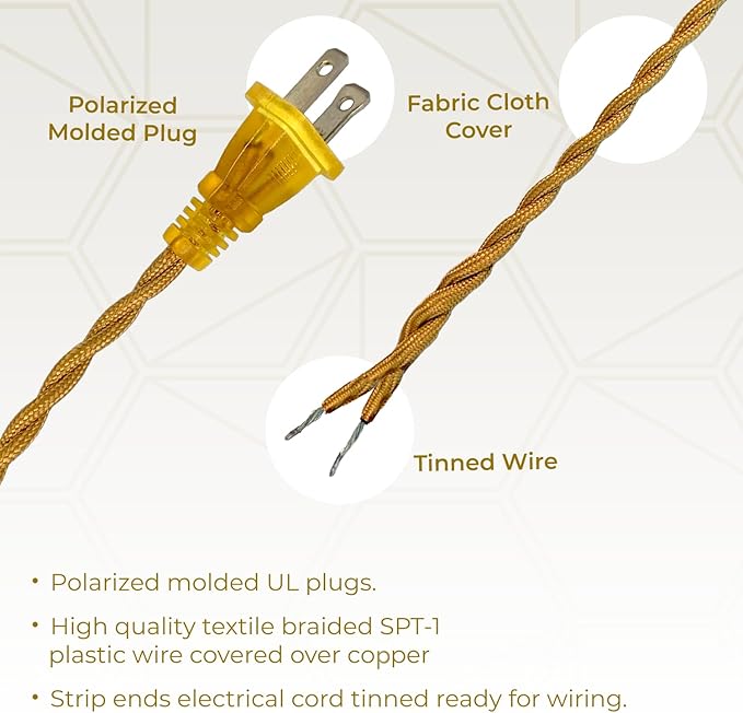 Royal Designs, Inc. 8Ft Twisted Rayon Lamp Cord with NEMA-15P Plug, Rotary Dimmer Switch, Stripped Ends Ready for Wiring, SPT-1 UL Listed, Gold - Pack of 2