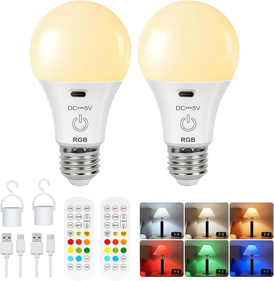FRIDEKO HOME Rechargeable Light Bulbs - 2600mAh E26 Battery Operated Dimmable Lightbulb with USB-C Charging for Lamps | Touch Control | Timer Function - 2 Pack Portable Camping Emergency Light