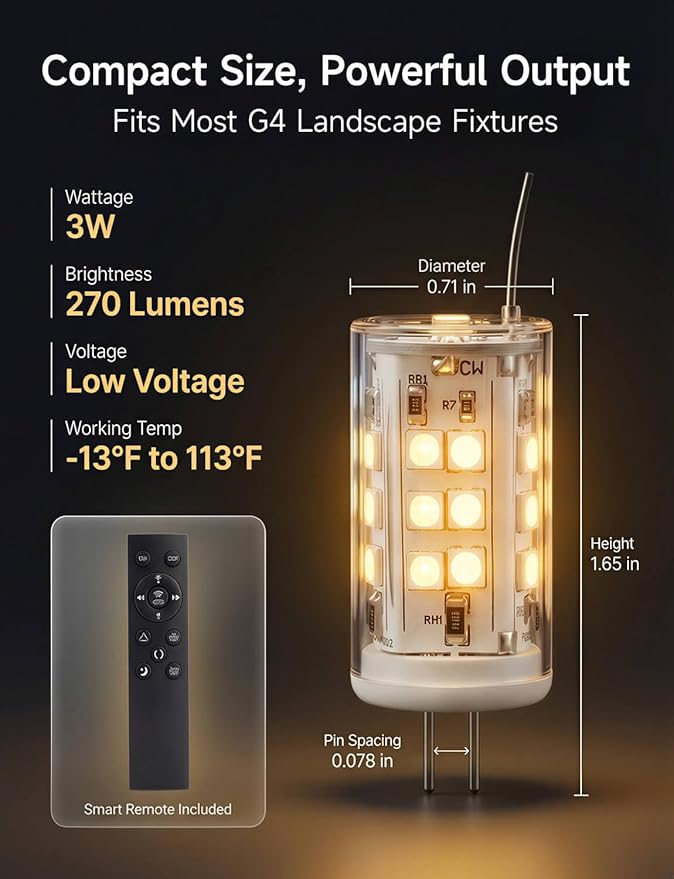 Gardenreet RGBCW G4 LED Bulb, 12V Low Voltage Bi-Pin Halogen Replacement for Outdoor Landscape Lighting & Indoor Accent Light, Color Changing/Warm White, Bluetooth Mesh 65ft, 270LM for Pathway, 2 Pack
