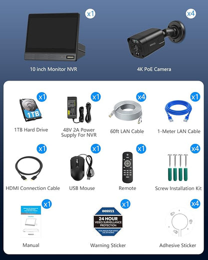 (2026 New) 4K PoE Security Camera System Outdoor, 8CH NVR with 10" IPS Monitor & 1TB HDD, 4 Cameras, 130° Wide Angle, AI Human Detection, Two-Way Audio, No Monthly Fee