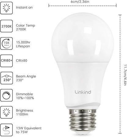 Linkind A19 LED Light Bulbs, 75 Watt Equivalent Dimmable Light Bulbs, E26 Base, 2700K Soft White, 13W 1100 Lumens, UL Listed FCC Certified, Lighting for Bedroom Living Room Home Office, 6 Packs