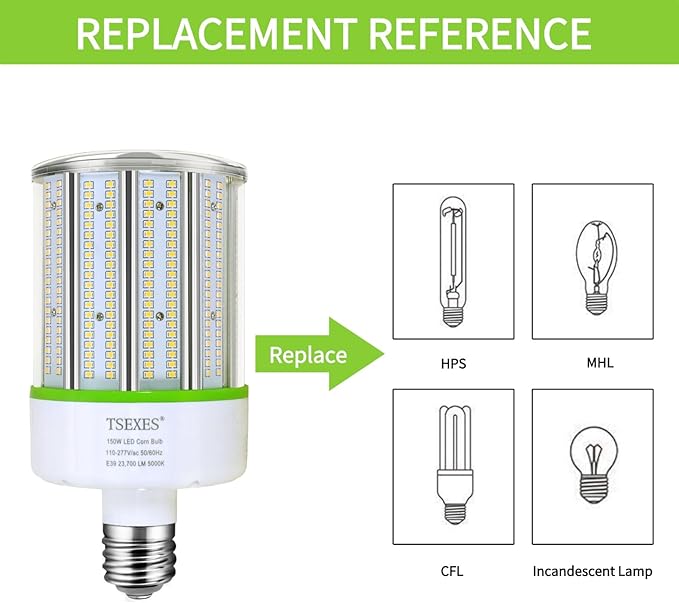 TSEXES 2 Pack LED Corn Bulb 150W,E39 Mogul Base,23700Lm 5000K Corn Light Bulb Replacement Metal Halide HID CFL for Commercial Industrial Lighting Warehouse High Bay Light Fixture Garage Workshop