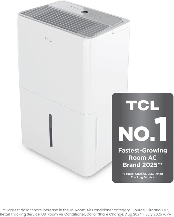 TCL 4,500 Sq. Ft. Smart Dehumidifier, Energy Star Most Efficient 2024, 50 Pints Per Day, Ideal for Basements, Rooms, and Other Living Spaces, Compatible with Alexa/Google Assistant – H50D44W