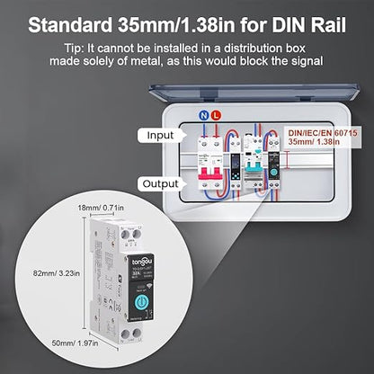 TONGOU DIY 1P+N Smart Wi-Fi Switch, Work with Alexa and Google Assistant for Voice Control, 32A with Energy Monitor, Smart Life/Tuya APP Remote Control, Timer Functions, DIN Rail Mounted,FCC Certified