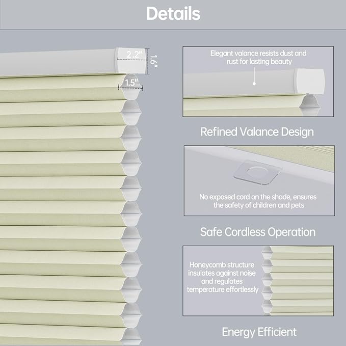 Cellular Shades Light Filtering Honeycomb Blinds for Indoor Windows, Cordless Cellular Shades 1.5 inch Cell Pleated for Bedroom Home Office, Custom Size, Half Shading Cream