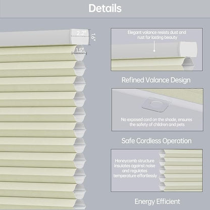 Cellular Shades Light Filtering Honeycomb Blinds for Indoor Windows, Cordless Cellular Shades 1.5 inch Cell Pleated for Bedroom Home Office, Custom Size, Half Shading Cream