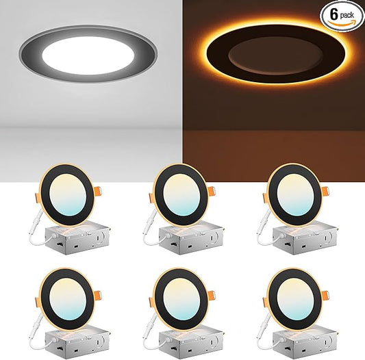 Amico 6 Pack Black 4 Inch 5CCT LED Recessed Ceiling Light with Night Light, 2700K/3000K/3500K/4000K/5000K Selectable Ultra-Thin Lighting, 10W=90W, 700LM, Dimmable Canless Wafer Downlight - ETL&FCC
